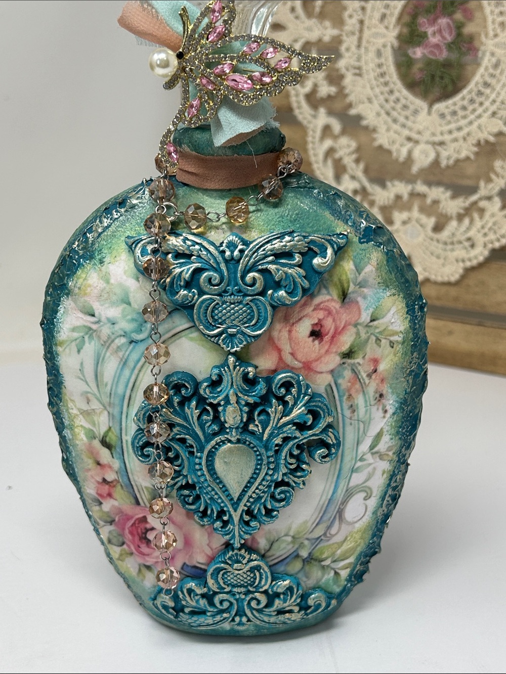 Vintage-Inspired Teal Floral Decorative Bottle Vase